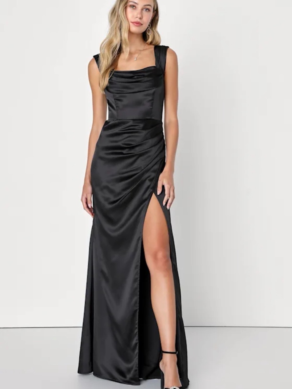 Lulu's Black Satin Cowl-Neck Prom Gown with High Thigh Slit